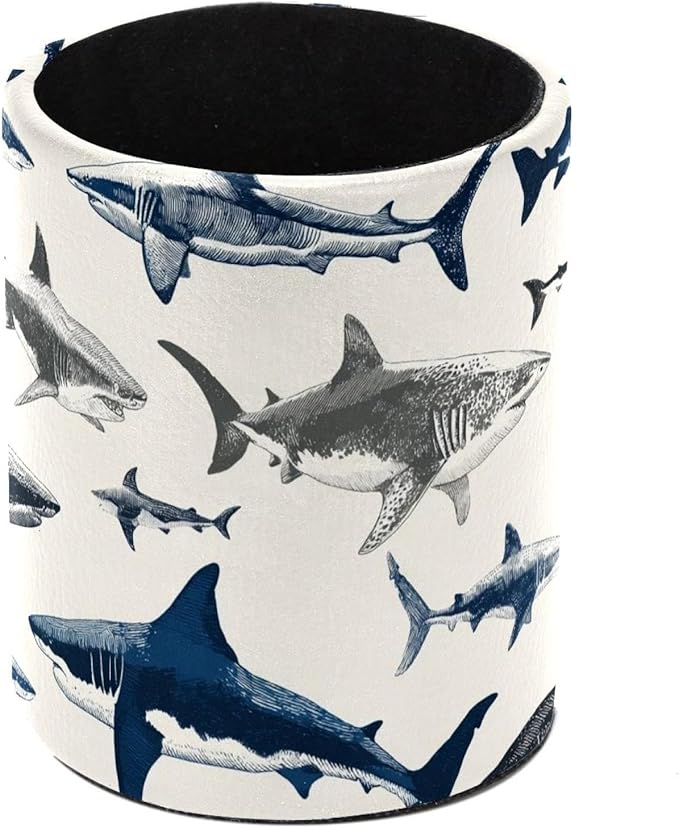 Leather Pen Holder for Desk, Sharks Pencil Cup Pen Organizer Makeup Brush Holder for Office Home Kids Countertop Desk Accessory Storage