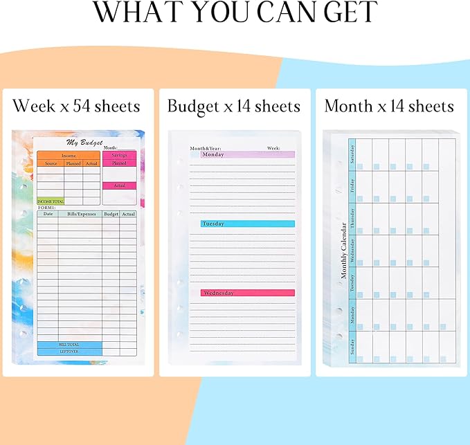 A6 Budget Planner Refill, 82 Sheet [2026] Colorful Weekly Monthly Planner Calendar Inserts 6 Hole Expense Budget for A6 Binder Cover, Money Envelopes Organizer for Wallet, Cash Saving