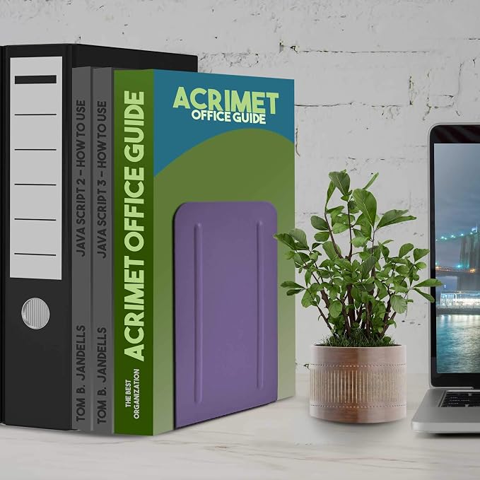 Acrimet Bookends for Shelves, Non-Skid Book Holder, Heavy Duty Book Stopper, Steel Metal Book Ends Storage for Home, Library, 6 7/8" H x 4" W x 4 1/2" D (Purple) (1 Pair / 2 Pieces)