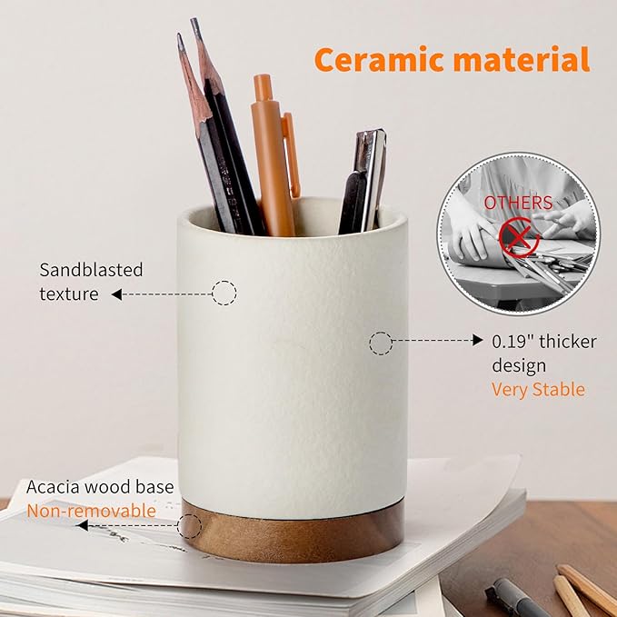 Ceramic Pen Holder for Desk, Pencil Cup Organizer and Makeup Brush Holder, Pen Cup Office Desk Accessories(White,Set / 1)