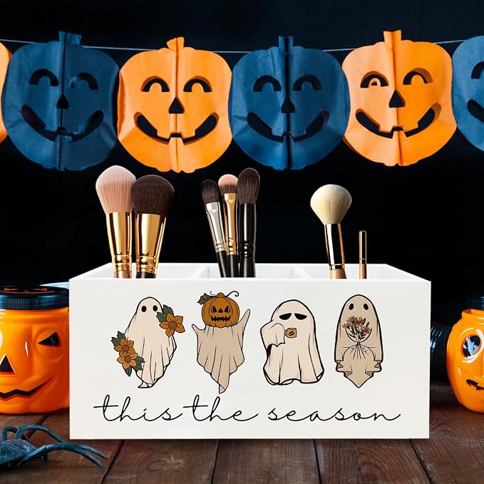 Funny Ghost Halloween Pen Holder for Desk, Spooky Pumpkin Wooden Box Sign Desk Decor for Home Office Decoration, Cute Ghost Pencil Organizer, Fall Halloween Decor