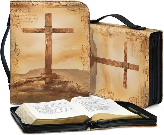 Retro Cross Monogram Bible Covers for Women Large Size PU Leather Bible Carrying Case with Handle Waterproof Bible Protector Portable Bible Organizer Bag