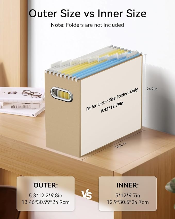 Oterri File Organizer Box, Portable Collapsible Cardboard File Folder Organizer with Handle for Letter Size Hanging Files, Document Storage Box for Home Office & Classroom (4 Packs, Brown)