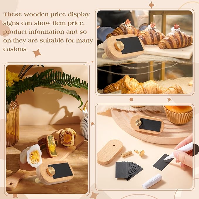 Qunclay Set of 10 Price Display Signs for Vendors Wooden Signs with Price Tag Paper and Pens Retail Display Tag Stands Food Name for Cafes, Shops, Boutiques