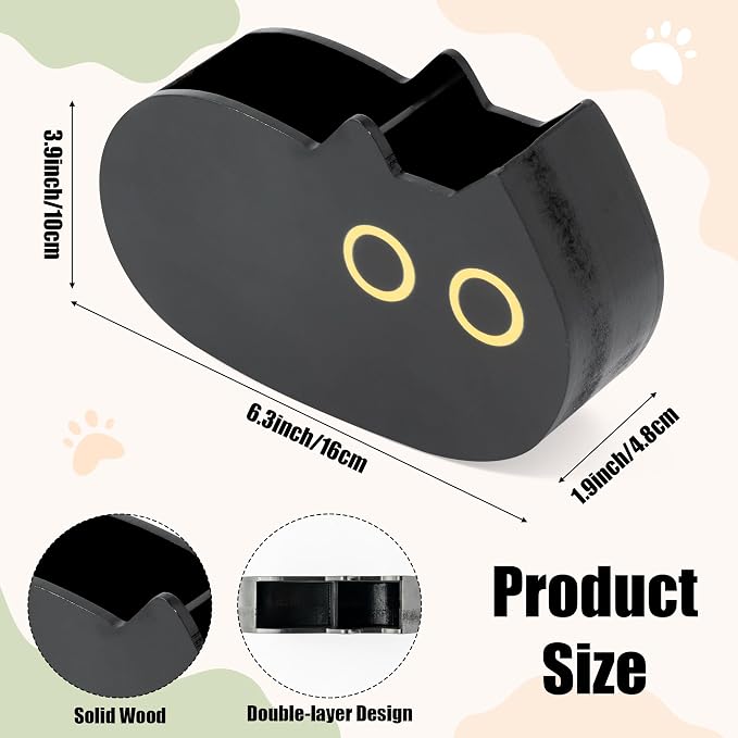 MALLMALL6 Black Cat Pencil Holder - Back to School Wooden Pen Holder, 2 Compartments Kitten Shaped Caddy Case Gifts for Kid Students Pet Lover, Desktop Storage Organizer for Classroom Office Decor