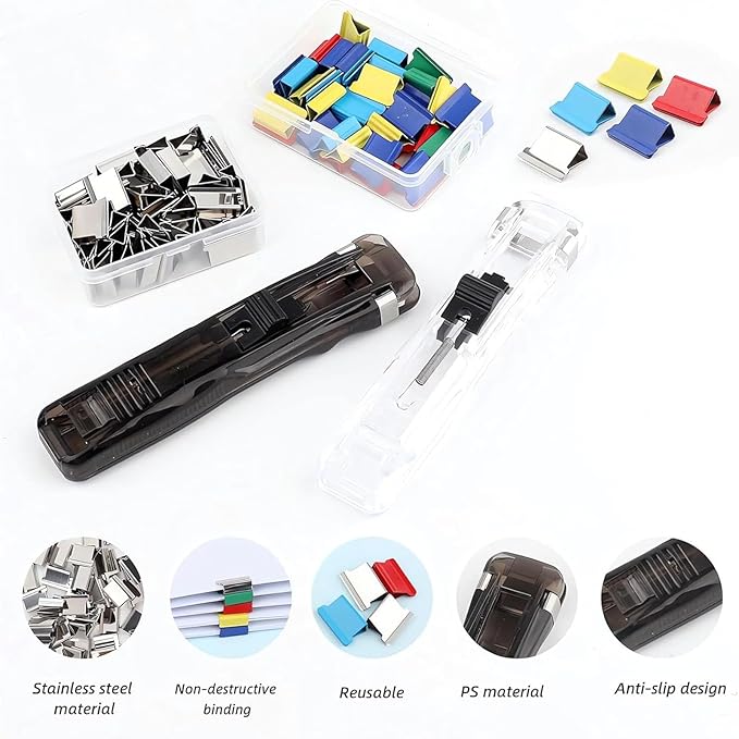 Portable Binder Clip Stapler, Includes 50 Reusable Clips, Push Clip Stapler, Small Binding Office Supplies Handheld Staplers Staples Set, Binder Clips Paper Clamps (B)