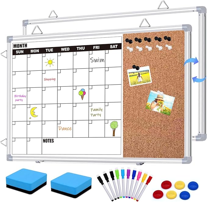 Calendar Whiteboard for Wall, 17" x 13" Double Sided Monthly Dry Erase Board Calendar for Office, Home, School, Hanging Cork Board White Board Combo, Portable Magnetic Dry Erase Planner Board