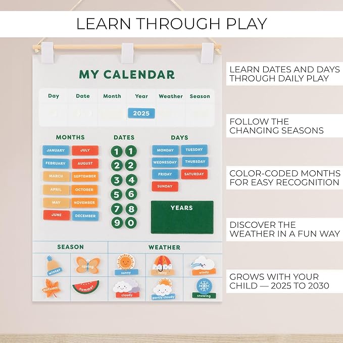 Beautiful Toddler and Kids Calendar - Perfect Homeschool Supplies With Months, Days of the Week, Season and Weather - Cute Play Room Decor Essentials for Preschool Learning & Organization