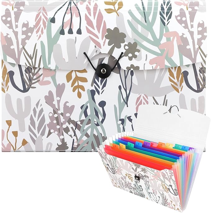 Uquelic 13-Pocket Expanding File Folder, Accordion File Holder with Elastic Buckles Closure – Holds Letter/A4 Size Documents, Floral Printed Accordion Folder, School Office Supplies(Seagrass Print)