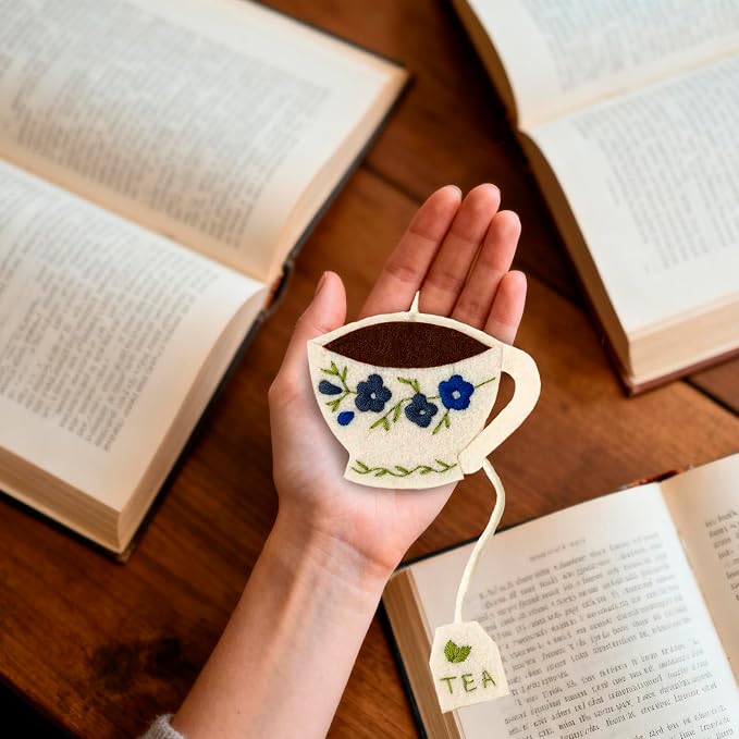 Embroidered Teacup Bookmark with Floral Design – Cute Tea Cup Bookmark for Book Lovers, Readers & Teachers – Unique Gift for Women, Tea Lovers & Bookworms