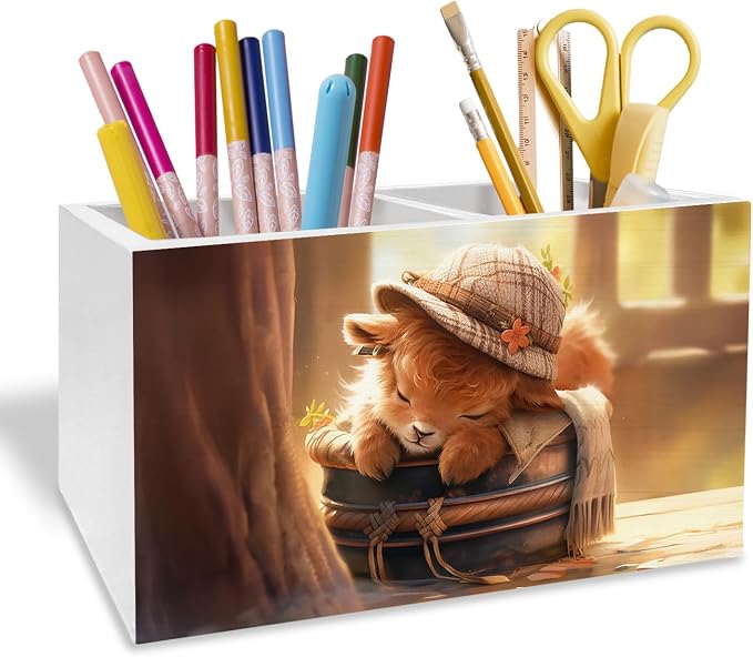 Sleepy Highland Cow Pen Holder for Desk, Highland Cow Lover Gifts Pencil Organizer, Rustic Fluffy Heifer Wooden Box Sign Desk Decor for Girls Nursery Home Office Decoration