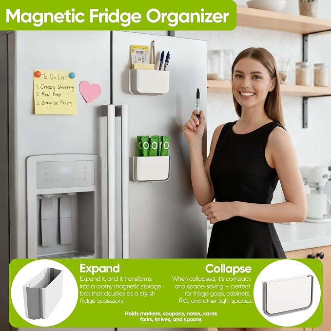2 Pack Foldable Magnetic Pen Holder for Refrigerator, magnetic dry erase marker holder, TV Remote Holder, Magnetic Locker organizer, Office & Bathroom Organization (White)
