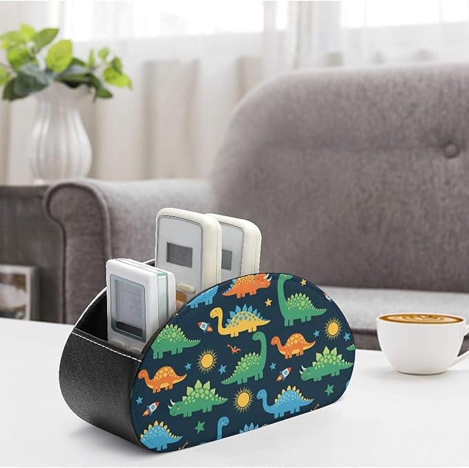 PU Leather Remote Control Holder with 5 Compartments, Desk Organizer for TV Remotes, Office Supplies, and Bedside Table Storage, Dinosaurs