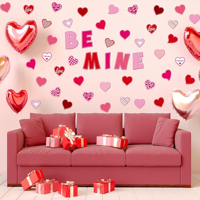 68 Pcs Valentine's Day Classroom Bulletin Border Decor Set Valentine's Day Hearts Cutouts Pink Red Be Mine Cutouts for Valentines Classroom Holiday Bulletin Border Wall Decor (Love)