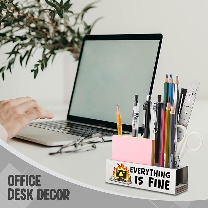 FOKCBOCM Funny Office Pen Holder with Everything Is Fine Quote, Stainless Steel Desk Organizer for Work Stress Humor, Sarcastic Workspace Decor Gift for Coworker-DS130