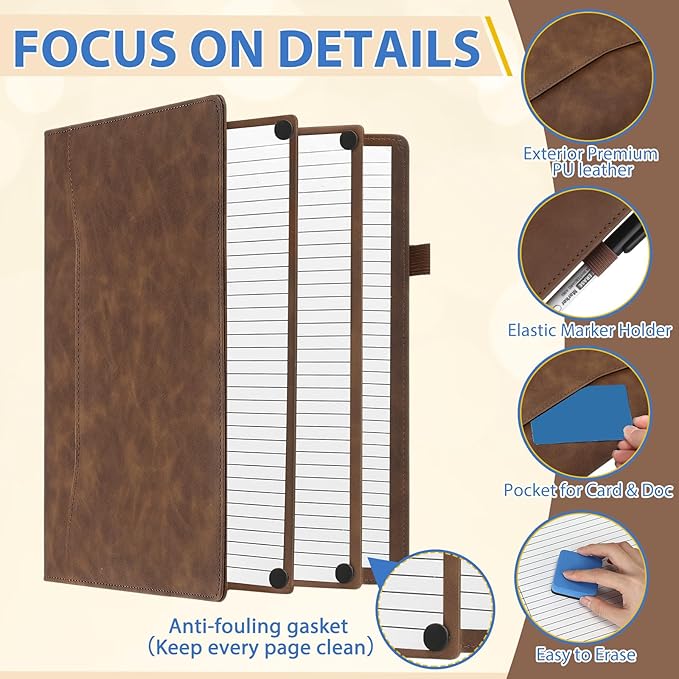 Feifeiya 6 Sides Dry Erase Notebook Portable Whiteboards Notebook Small Reusable College Ruled Lined Board Folding Mini Travel Dry Erase White Board for Office Study (Brown,A4: 9 x 12 Inches)
