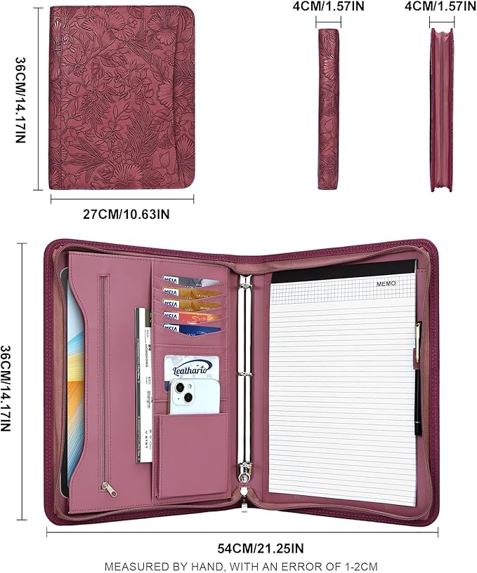 Leathario Portfolio Binder, Includes 5 Folder Index Dividers and 3 Notepads, 3-Ring Folder Organizer, Padfolio with Zipper, Vegan Leather Tablet Sleeve, Business Office Conference Clipboards