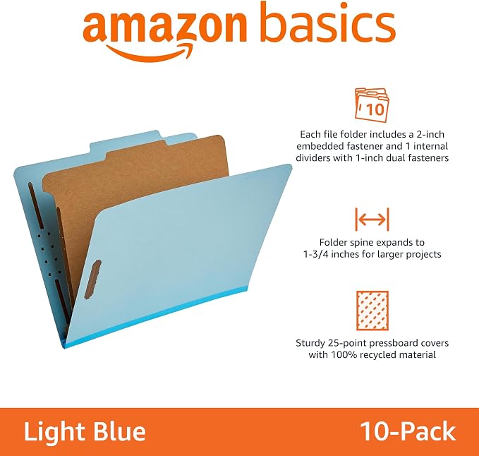 Amazon Basics Classification Folder for Documents and Organization, 1 Divider, 2" Embedded Fasteners, Letter Size, Light Blue, 10 Count