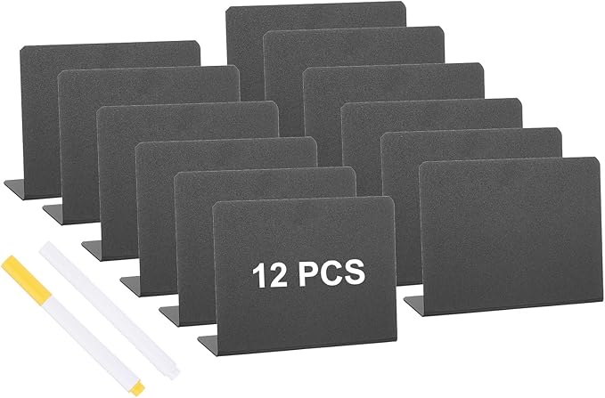 PATIKIL 4" x 3" Tabletop Chalkboard Signs, 12 Pcs Small Chalkboard Signs L Shape Table Food Labels with 1 White Pen and 1 Yellow Pen for Parties Weddings Buffet Birthday Bakery, Black