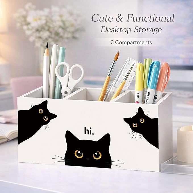 Black Cat Desk Organizer Wooden Pen Pencil Holder for Desk, 3 Compartments Office Desk Accessories, Cute Peeking Cat Desk Decor, Funny Cat Lover Gifts for Women Home Office Desk Storage
