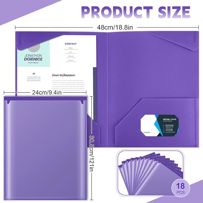 Henoyso 18 Pack Purple Plastic Folders with Clear Front Pockets Heavy Duty File Folders with 2 Pockets and Card Slot for Student Communication School Office Presentation Report