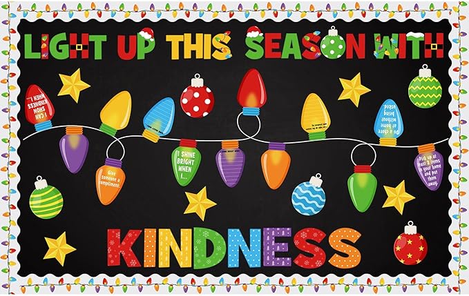 86 Pcs Christmas Bulletin Board Decorations with Light Bulb Borders Xmas Kindness Bulletin Board Set Xmas Winter Colorful Light Bulb Cutouts for Classroom Decoration School Home Holiday