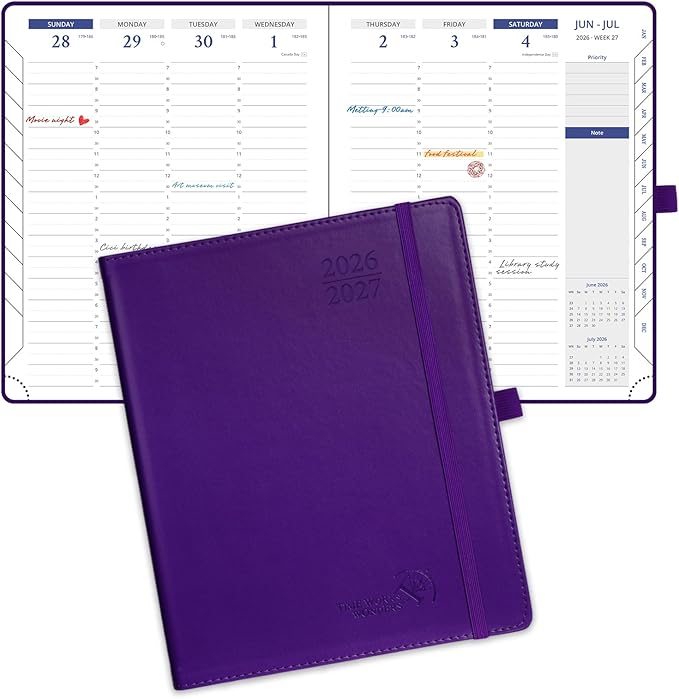 POPRUN 2026 Weekly Planner (Medium 7'' x 8.5''), 30-Minute Hourly Appointment Book (July 2026-June 2027) with Monthly Tabs, Inner-pocket, Pen Holder, PU Leather Softcover - Purple