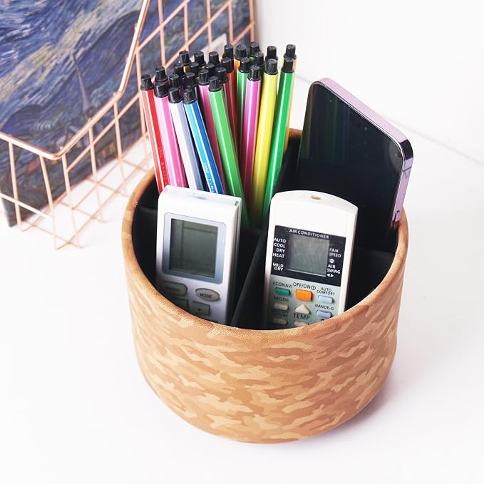 Round Leather Art Supply Organizer,Remote Control Holder,360 Degree Rotating,Multi-Functional Pencil Holder,4 Compartments Desktop Stationary Organizer(1-Camouflage Brown)