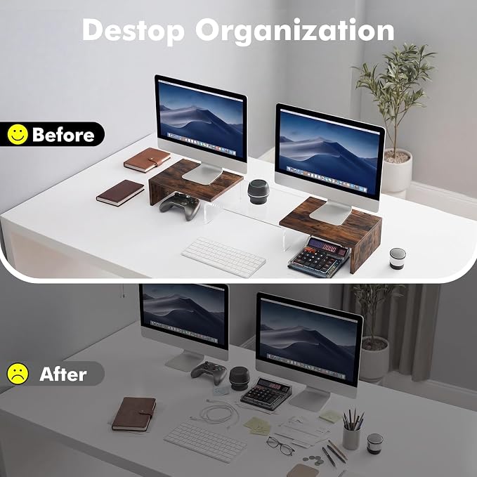 Dual Monitor Riser, Acrylic Monitor Riser, Adjustable Angle & Length Computer Monitor Stand, Wide Desk Shelf for Top of Desk for Home Office_Wood Look Small