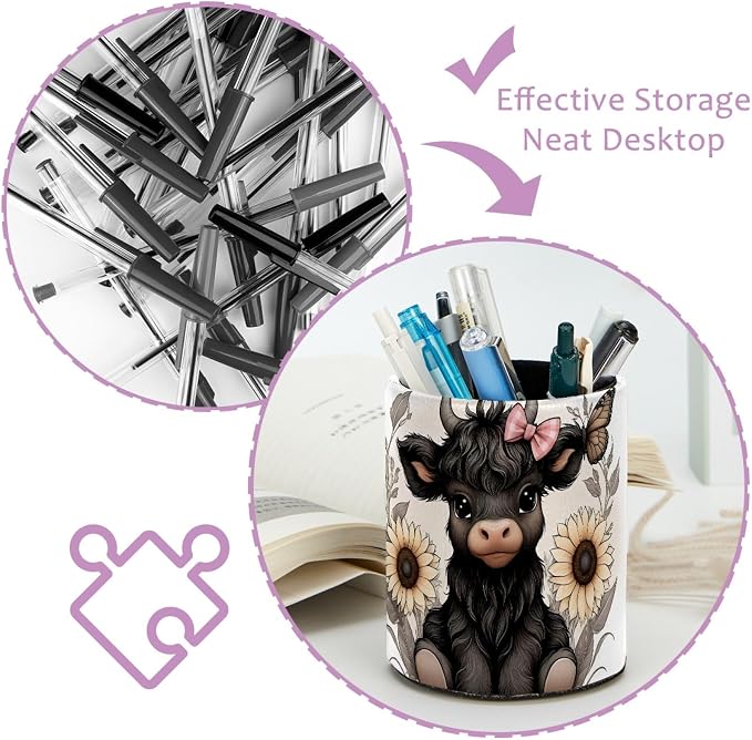 Leather Pen Holder for Desk, Black Highland Cow Floral Makeup Brushes Holder Pencil Cup Multifunctional Desktop Organizer Caddy for Home School Office Desk Accessories