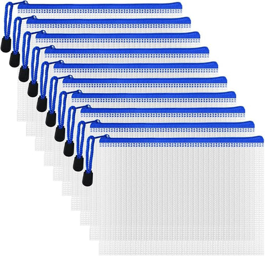 10 Pcs Zipper File Bags, Waterproof Plastic Mesh Pouch for Office School, Board Game Storage Bags (B6 Size 7.6''x5.3'', White and Blue)