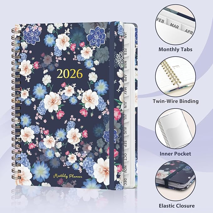 2026 Planner, Weekly and Monthly Calendar Planner, Academic Daily Agenda (Jan 2026 - Dec 2026), Hardcover Planning Notebook for Office Accessories and School Supplies, Blue Flower