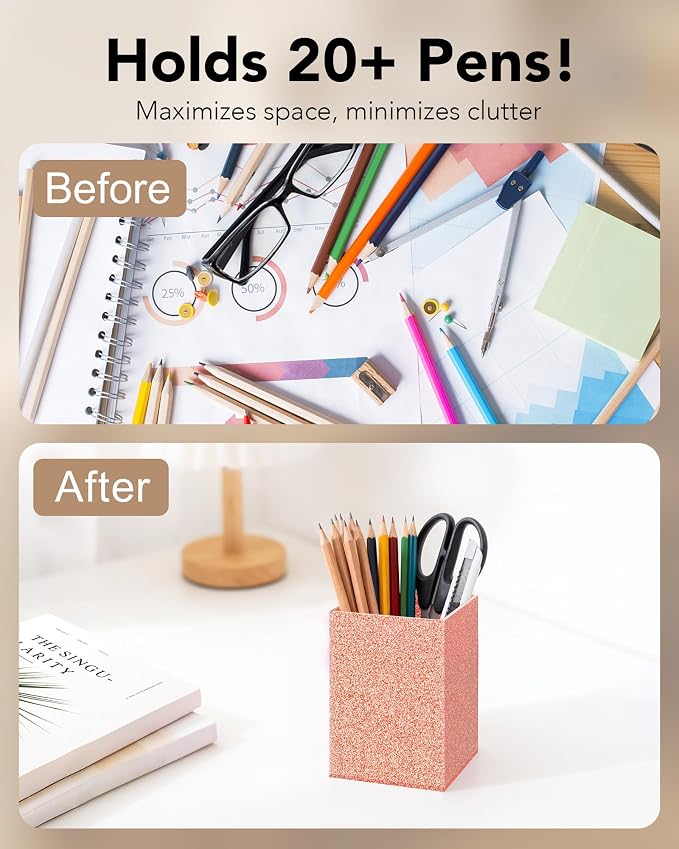 Light Pink Glitter Acrylic Pen Holder, Acrylic Makeup Brush Storage Organizer, Pencil Pen Holder for Desk, Modern Desktop Accessories for Office School Home Supplies