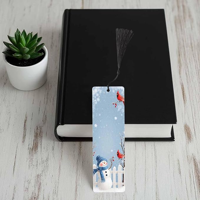 Snowman Bookmarks Set 5 with Tassels Winter Cardinal Bird Blue Christmas Wooden Bookmarks for Reading Women Men Students Teachers School Supplies