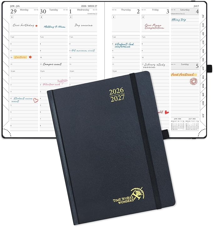 POPRUN 2026-2027 Academic Planner, 6.5" x 8.75", Weekly and Monthly Calendar, July 2026 to June 2027, Hardcover Appointment Book with Verital Layout, Hourly Time Slots, Monthly Tabs - Black