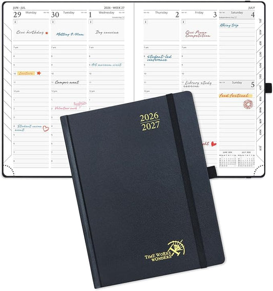 POPRUN 2026-2027 Academic Planner, 6.5" x 8.75", Weekly and Monthly Calendar, July 2026 to June 2027, Hardcover Appointment Book with Verital Layout, Hourly Time Slots, Monthly Tabs - Black