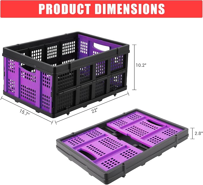 Heavy Duty Collapsible Storage Crate 55L – Stackable Collapsible Plastic Bin with Handles – Multi-Purpose Organizer for Home, Kitchen, Garage, Office, Camping – Extra-Thick Design – Purple