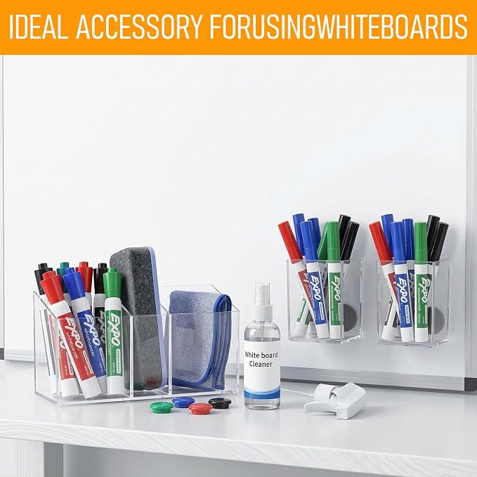 3-Piece Acrylic Pen Holder with Magnetic Sheets, Magnetic Dry Erase Marker Holder, Clear Marker Organizer Locker Organizer, Pen Organizer for Office Supplies, Makeup Brushes - No Assembly
