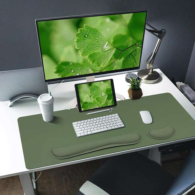 Bloss Keyboard and Mouse Wrist Rest + Leather Desk Mat, Desk Mat for Keyboard and Mouse, Desk Accessories for Women(35.4 x 15.7 Inch,Olive Green)