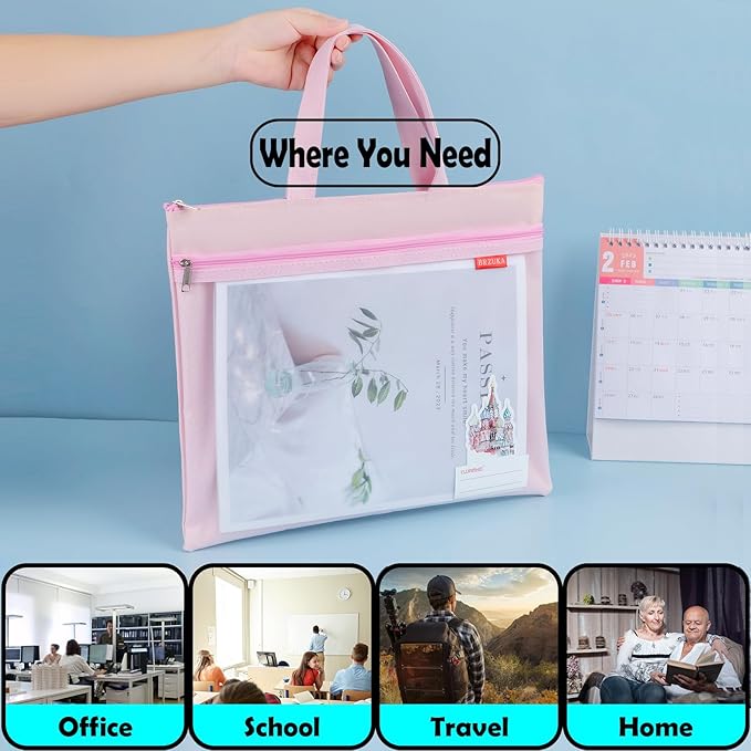 Mesh Zipper Pouch 11x13.7 in, A4 Double Pocket Waterproof File Bag with Handle, Document Storage for School/Travel/Office/Cross Stitch/Puzzle (Pink)