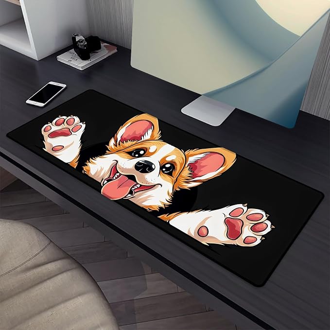Cute Dog Mouse Pad，Corgi Black Gaming Keyboard Mat，Laptop Computer Protector with Non-Slip Rubber Base，Large Extended MousePads Gifts for Desk Office Home，Deskmat Decor 31.5" x 11.8"