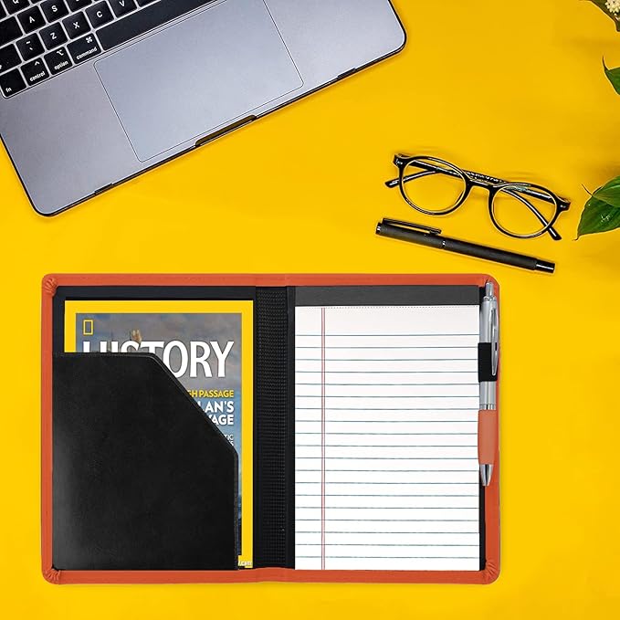 Padfolio/Portfolio Binder, Mini Padfolio Portfolio Binder 5 x 8 Legal Writing Pad, A5 Document Organizer Folder for Men Women, Orange
