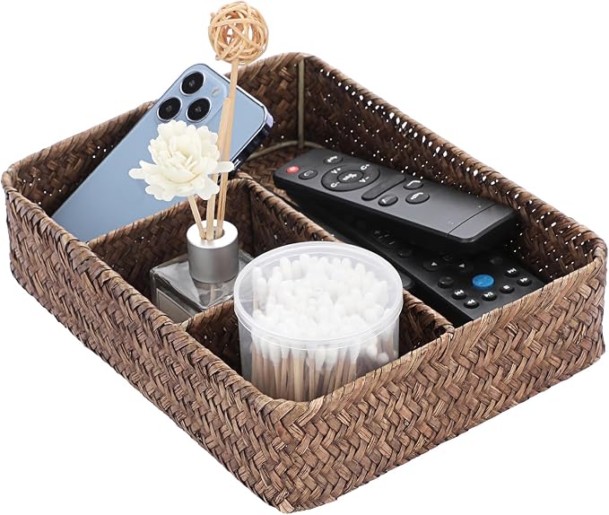 BTSKY Desk Drawer Organizer Tray, Coffee Station Organizer Tea Bag Organizer, Woven Seagrass Storage Basket with 4 Divided Sections Handwoven Wicker Basket for Shelves, Pantry, Coffee Bar (Coffee)