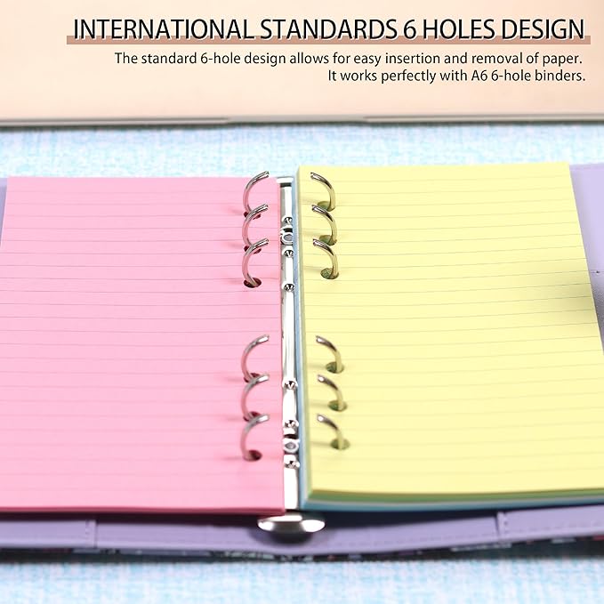 A6 Planner Inserts,Colorful Line Journal Fillers for 6-Ring Binder,5-Color Loose Leaf Planner Filler Paper (100, A6-LINED)