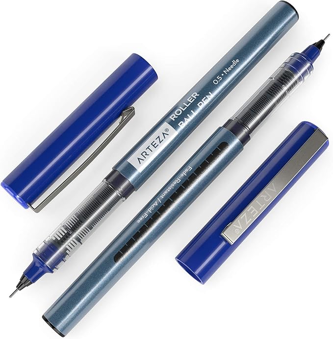 ARTEZA Rollerball Pens Fine Point, Set of 20 Blue Liquid Ink, Extra Fine 0.5 mm Needle Tip Pen, Make Precise Lines, Office Supplies for Writing, Notetaking, and Drawing