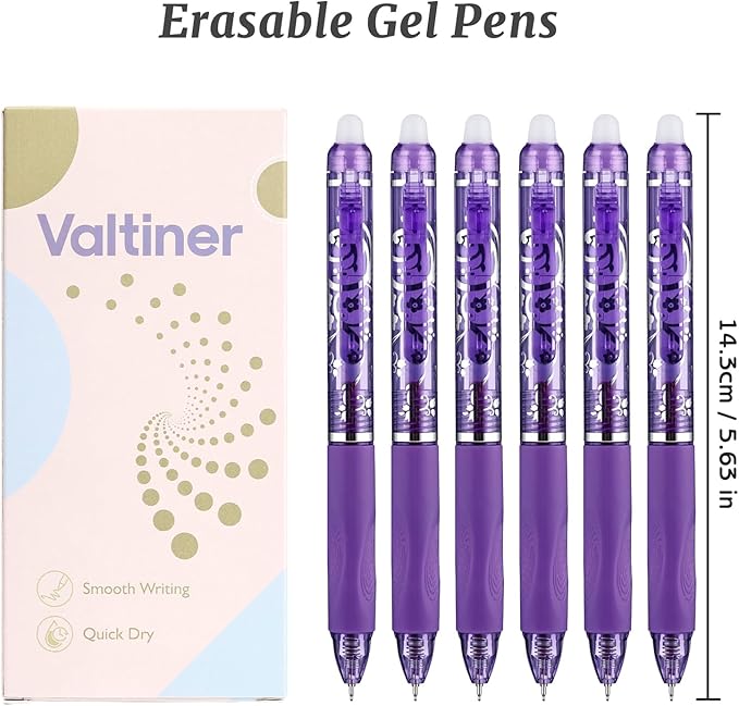 6 Pcs Retractable Erasable Pens, Colored Gel Purple Ink Pens Clicker with Erasers, 0.5mm Fine Point Smooth Writing Pen for Journaling Note-Taking Crossword Puzzles Supplies (Purple)