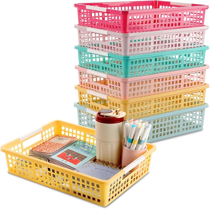 6 PCS Plastic Classroom Turn in Paper Trays Storage Bin Basket Organizers Holds 4A Paper File for School Teacher Supplies Classroom Office Home Organization and Storage Tray (Macarons)