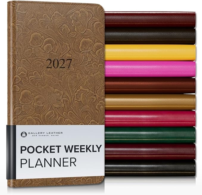 Gallery Leather Pocket Weekly Monthly Planner 2027, Elegantly Bound Calendar Planner and Notebook with Stylish Gold-Gilded Page Edges, 12 Months - Floral Espresso - 6x3.25"