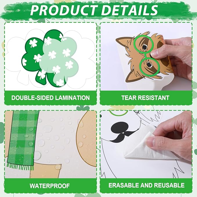 St. Patrick's Day Bulletin Board Set Pet Dog Learning Classroom Decoration Lucky Shamrock Gold Coin Paper Cutouts for St. Patrick's School Chalkboard Wall Decor Party Supplies