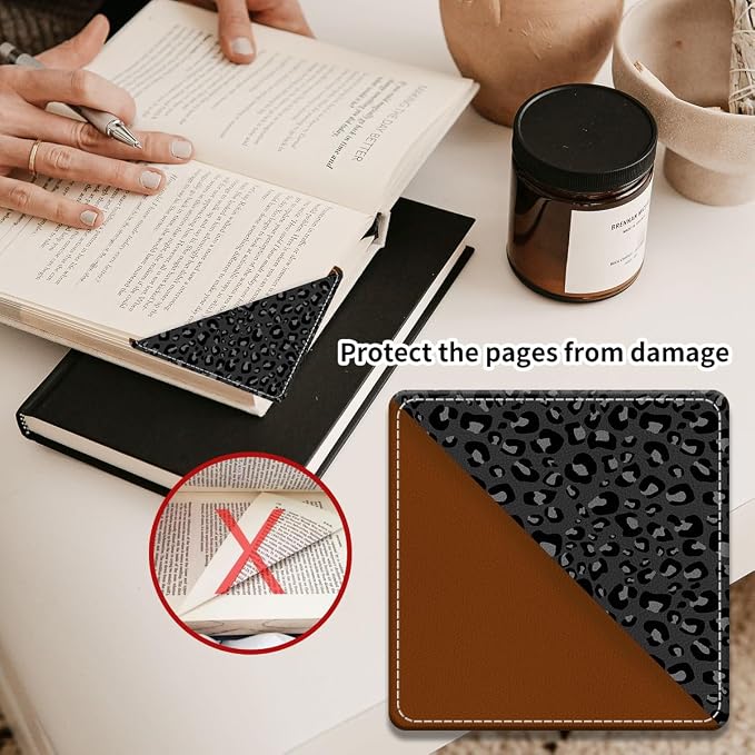 Cute Leather Bookmarks, Fun Triangle Making Corner Bookmark, Book Accessories for Reading Book Lovers, Unbreakable Page Markers for Women Men Black Grey Leopard